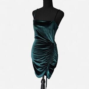 Emerald bodycon mini dress ruched green velour strappy sz L prom gothic